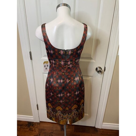 St. John Metallic Maroon, Green & Gold Geometric Pattern Sheath Dress, Size 2 - Picture 4 of 5